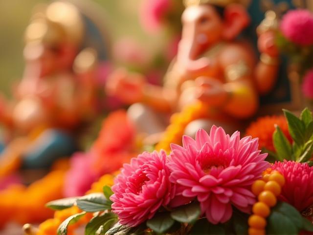 गणेश उत्सव के लिए फूलों से सजी रंगीन सजावट का क्लोज़-अप दृश्य